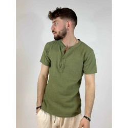 Linen T-shirt with buttons - olive