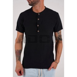 Linen T-shirt with buttons - black