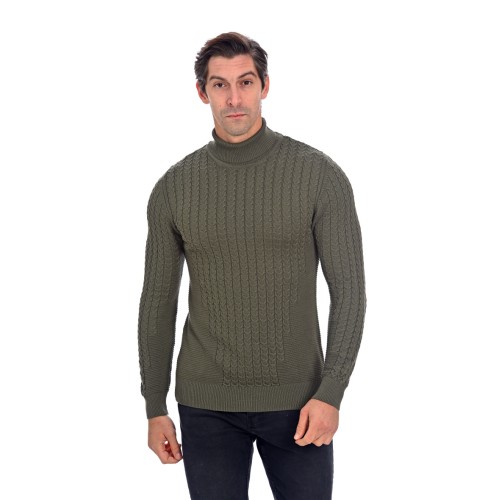 Rollkragenpullover mit feinem Zopfmuster - khaki