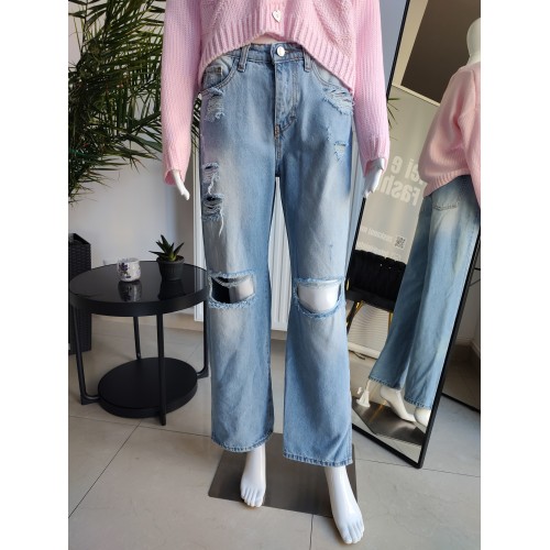 Wide Leg Jeans mit Abschürfungen - blau