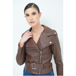 Faux Leather Jacket with Belt - Dark Brown