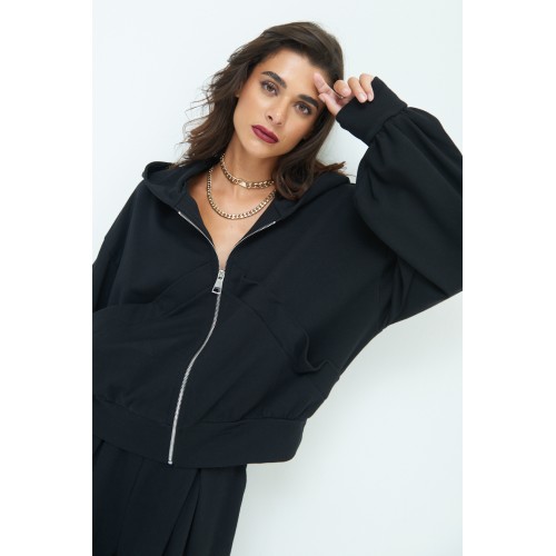 Zipped sweatshirt with hood - black