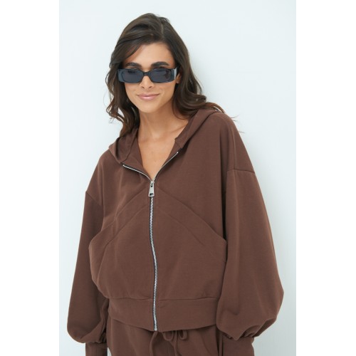 Zipped sweatshirt with hood - brown