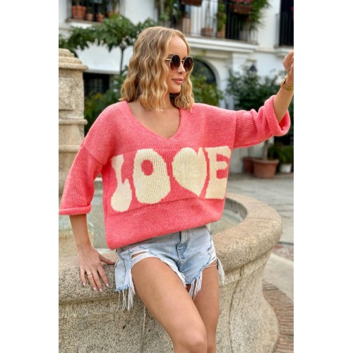 Sweater with the inscription LOVE - coral