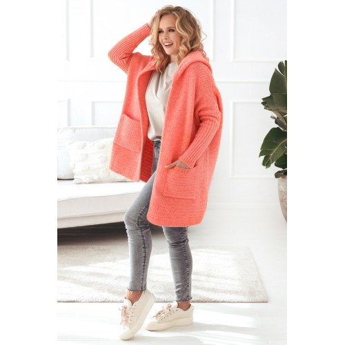 Long Hooded Cardigan - Coral