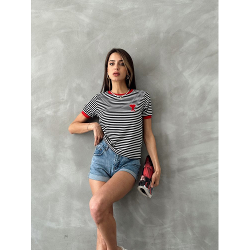 Black Red Embroidered Striped T-Shirt