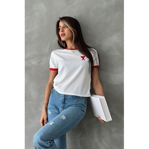 Cream Red Embroidered T-Shirt