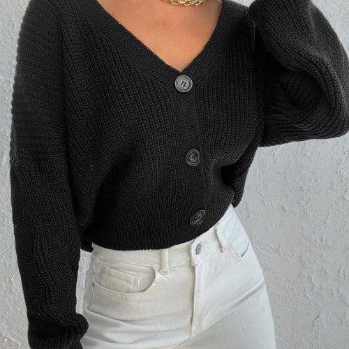 Knitted Button Cardigan - Black