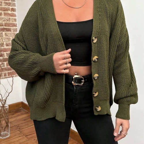 Loose button cardigan - olive