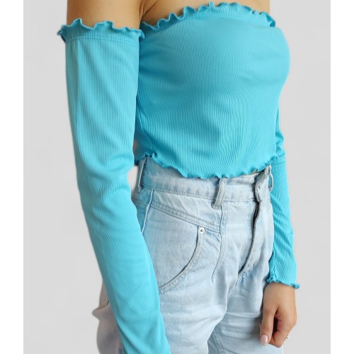 Short Spanish blouse with long sleeves and elastic band - turquoise