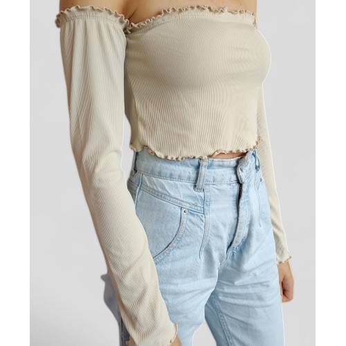 Short Spanish blouse with long sleeves and elastic band - beige