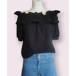 Longer Spanish blouse with elastic band and short sleeves - black