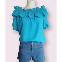 Longer Spanish blouse with elastic band and short sleeves - blue