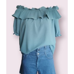 Longer Spanish blouse with elastic band and short sleeves - turquoise